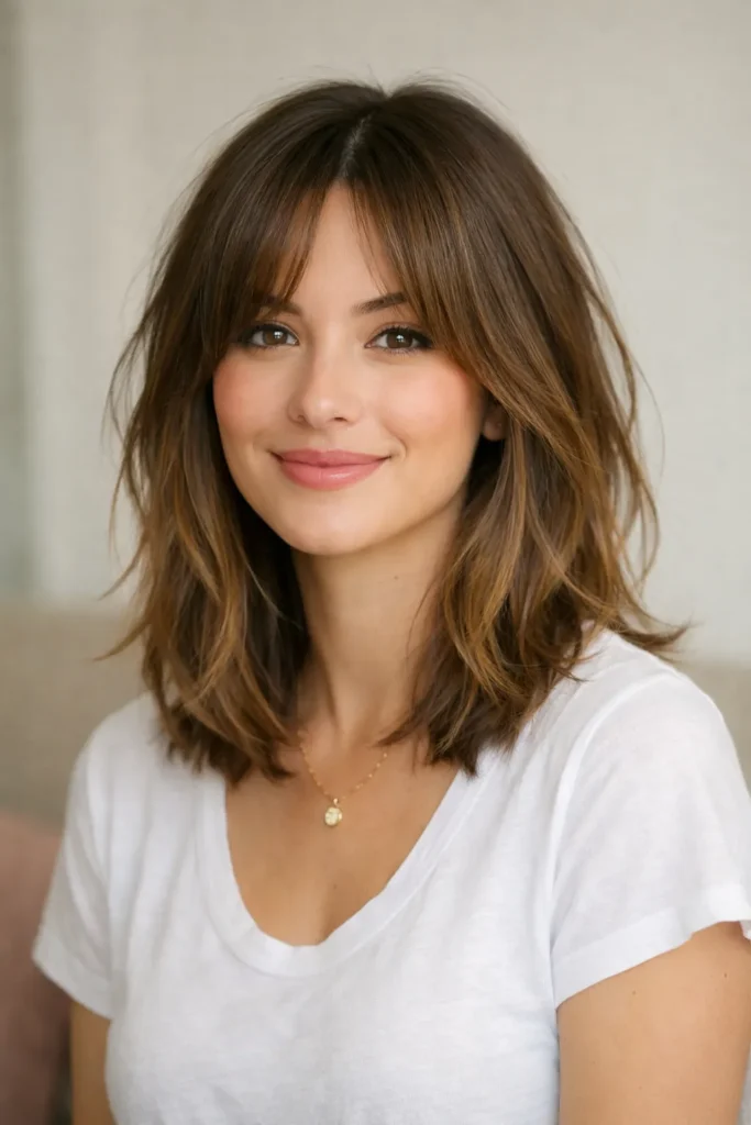 2. Layered Lob with Curtain Bangs