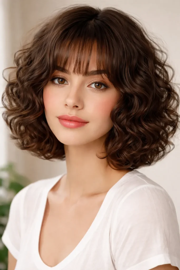 5. Curly Bob with Soft Bangs
