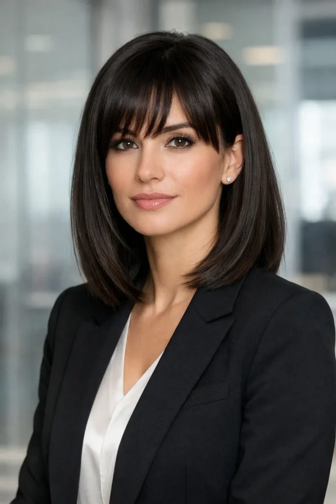 9. Sleek Long Bob with Feathered Bangs