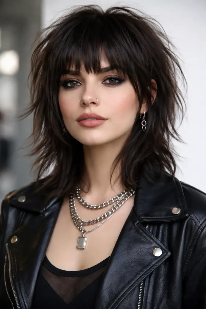 10. Modern Shag with Straight-Across Bangs