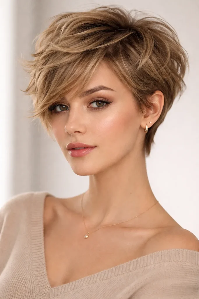 2. Textured Pixie Cut with Side-Swept Bangs