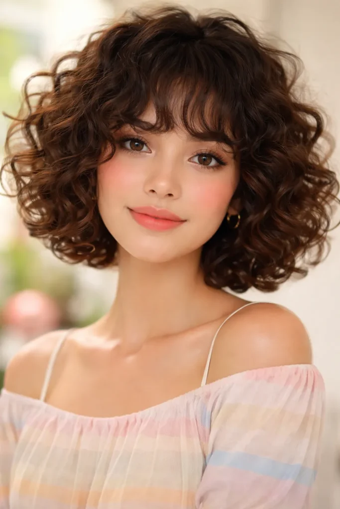5. Curly Bob with Fringed Bangs