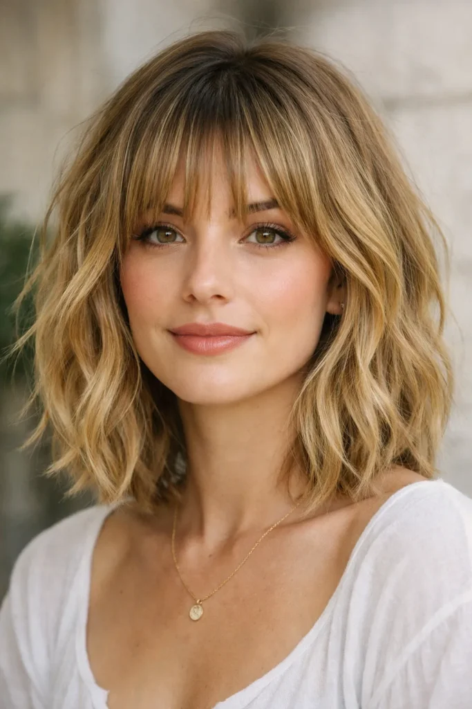 7. Soft Lob with Textured Bangs