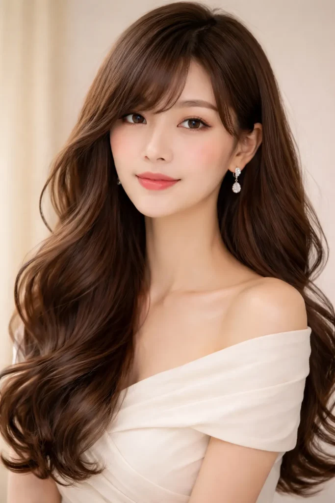 4. Side-Swept Bangs with Long Waves