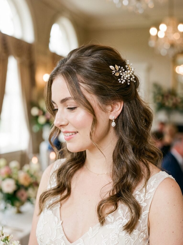 Bridal half-up hairstyle with soft curls