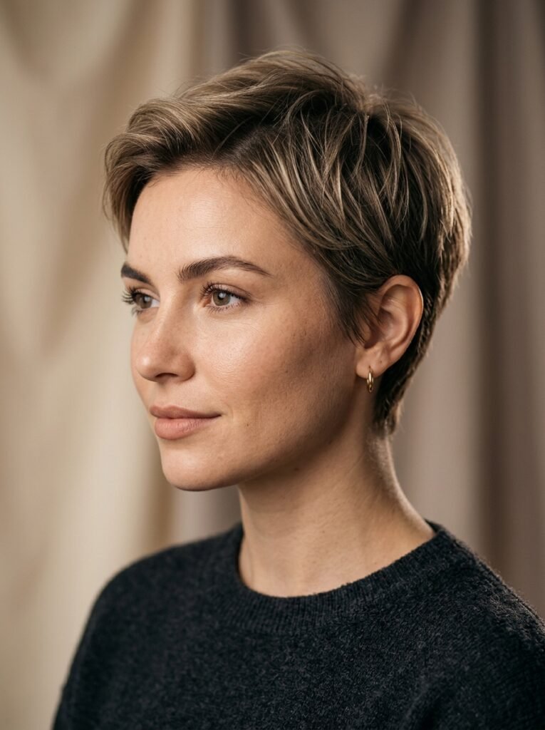 Textured pixie haircut showing root volume, one of the best hairstyles for thin hair