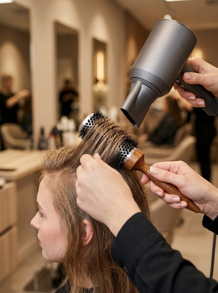 Volumizing styling technique for thin hair using a root lifter and round brush