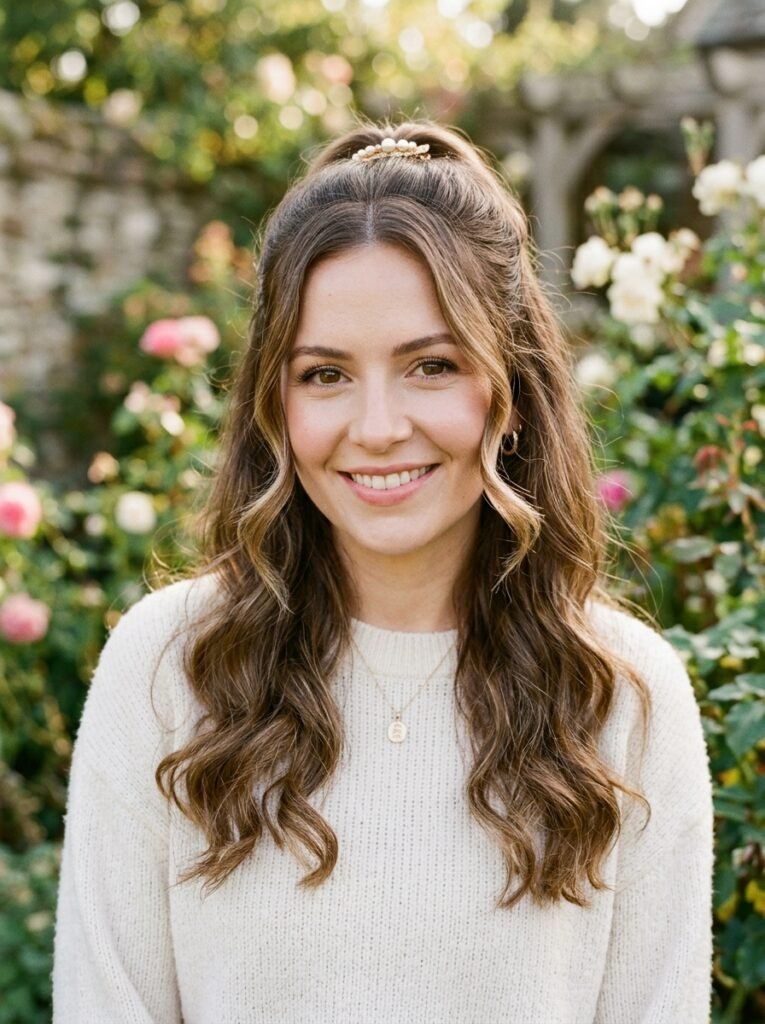 half-up half-down hairstyle with face-framing strands