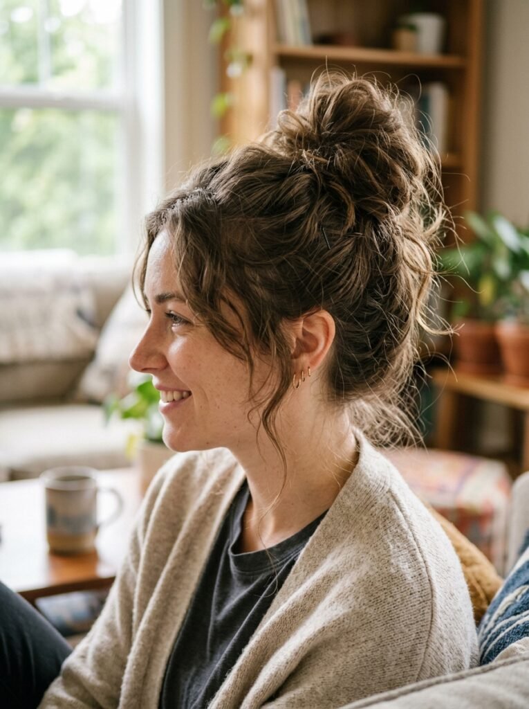  high messy bun hairstyle for second-day hair