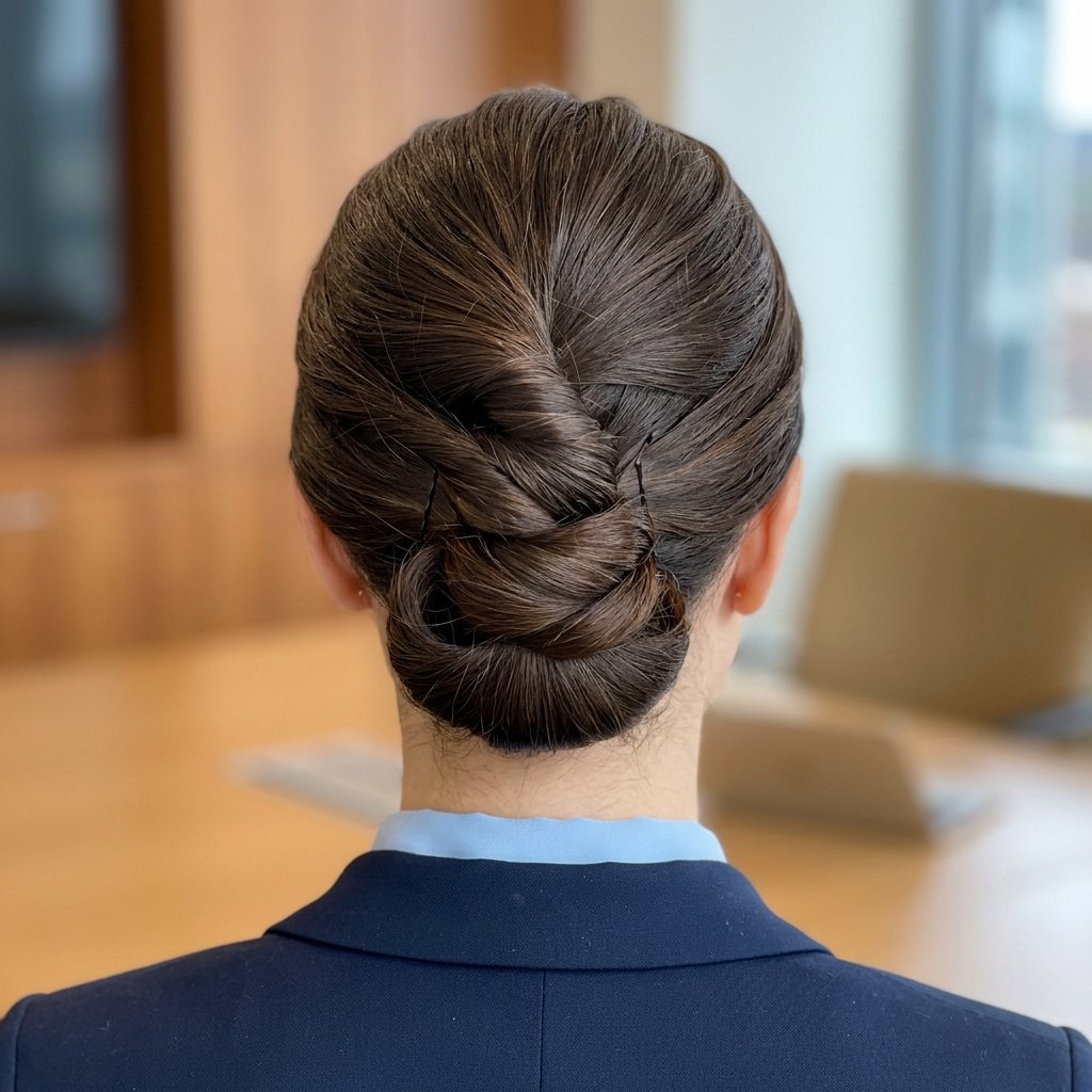 Back view of a pinned low bun and a French twist