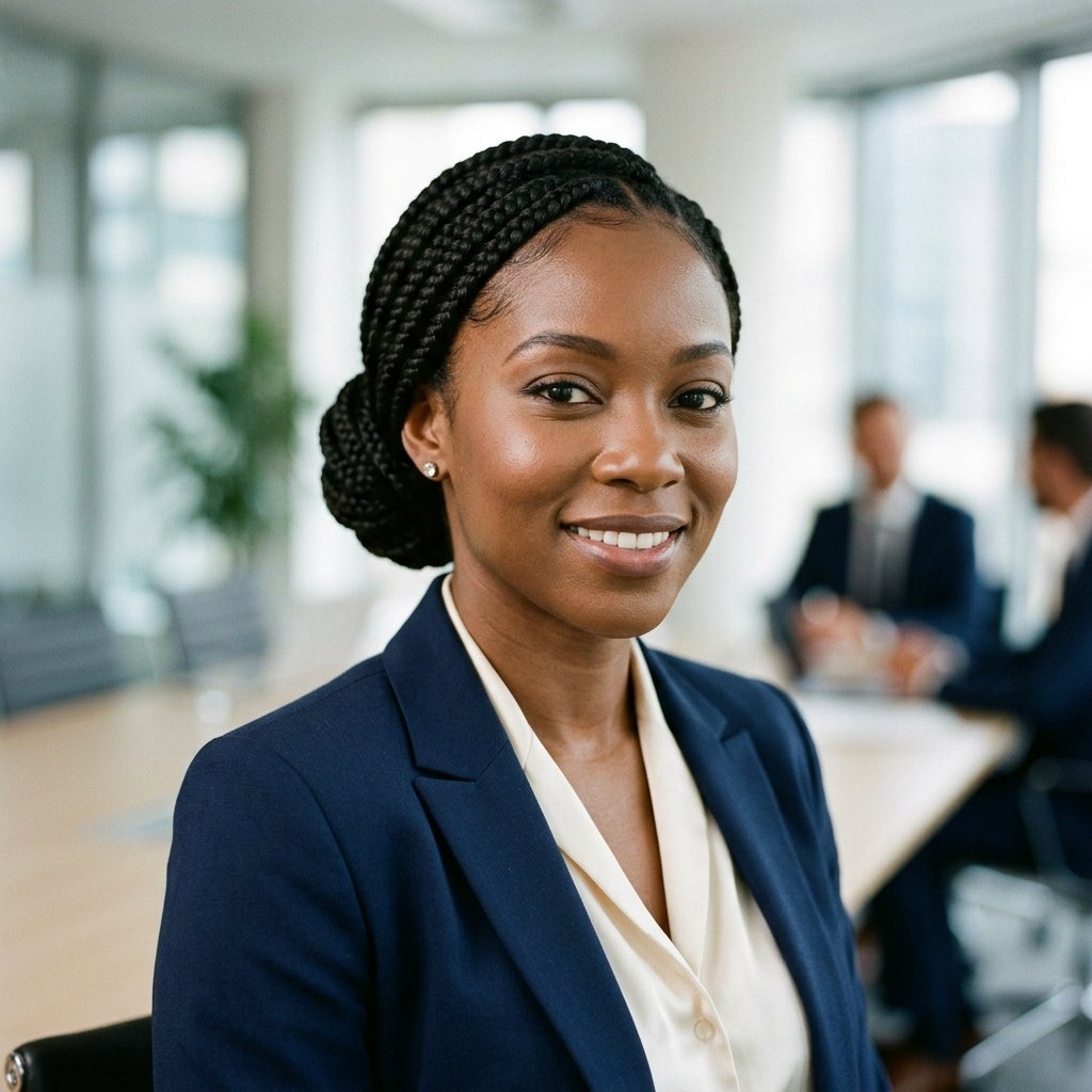 Neat braids pulled back into a low style for a job interview