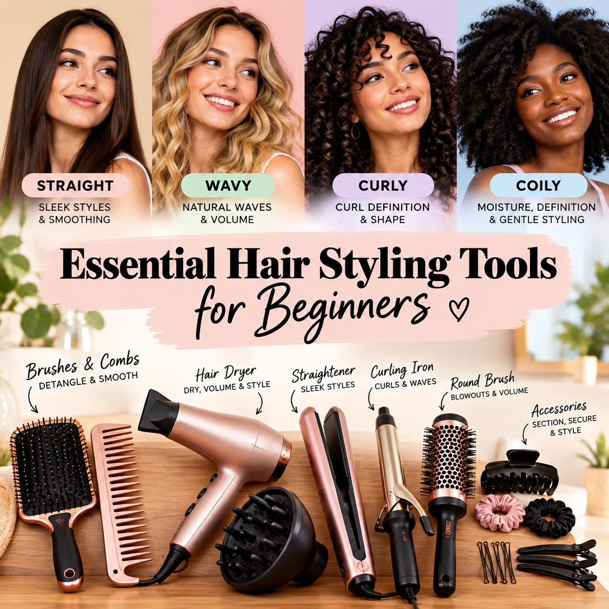 Hair styling tools matched to different hair types and hairstyle goals