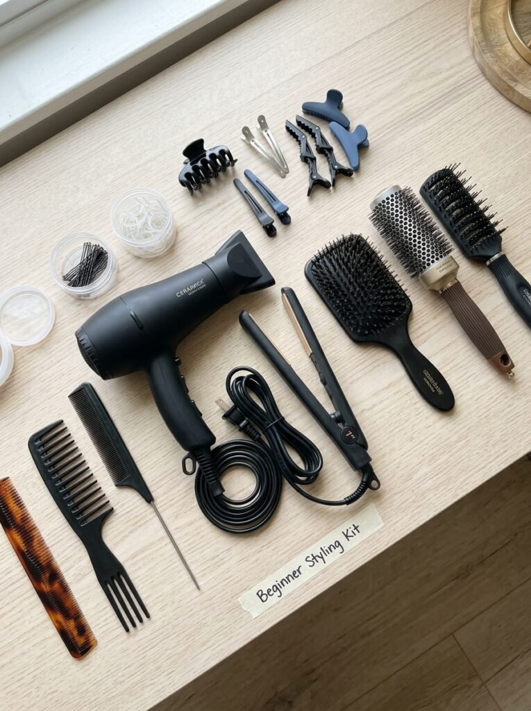 Essential hair styling tools arranged as a beginner starter kit