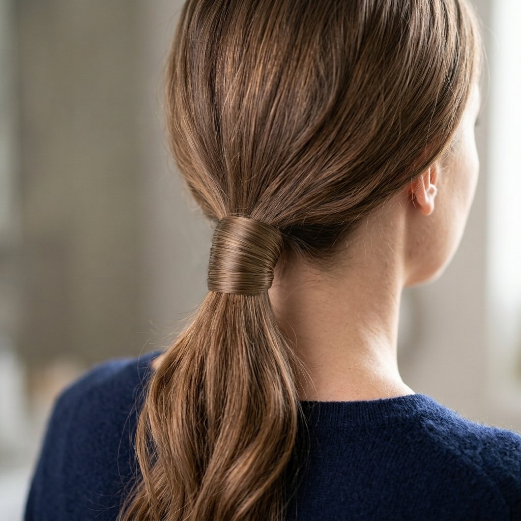 Close-up of a low ponytail with a hair strand wrapped around the elastic