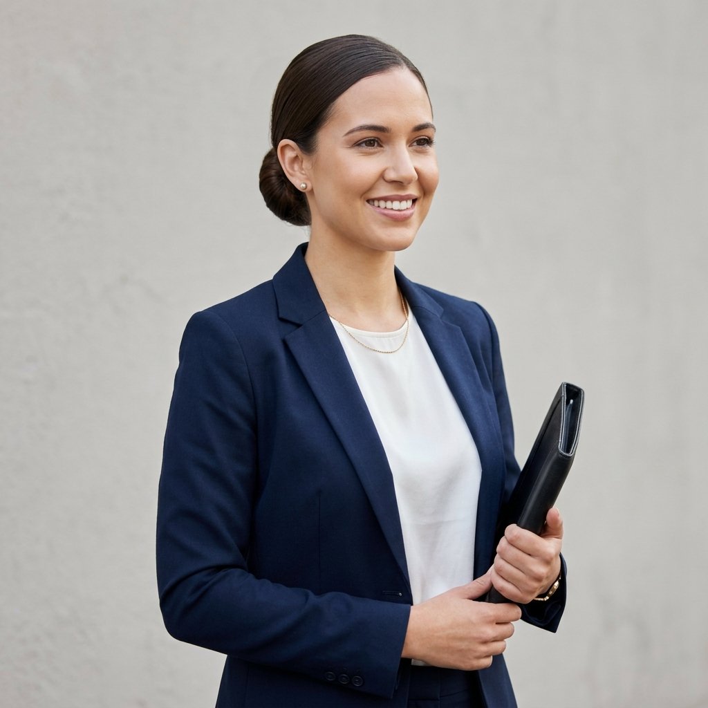  Person with a smooth low bun and blazer ready for a job interview