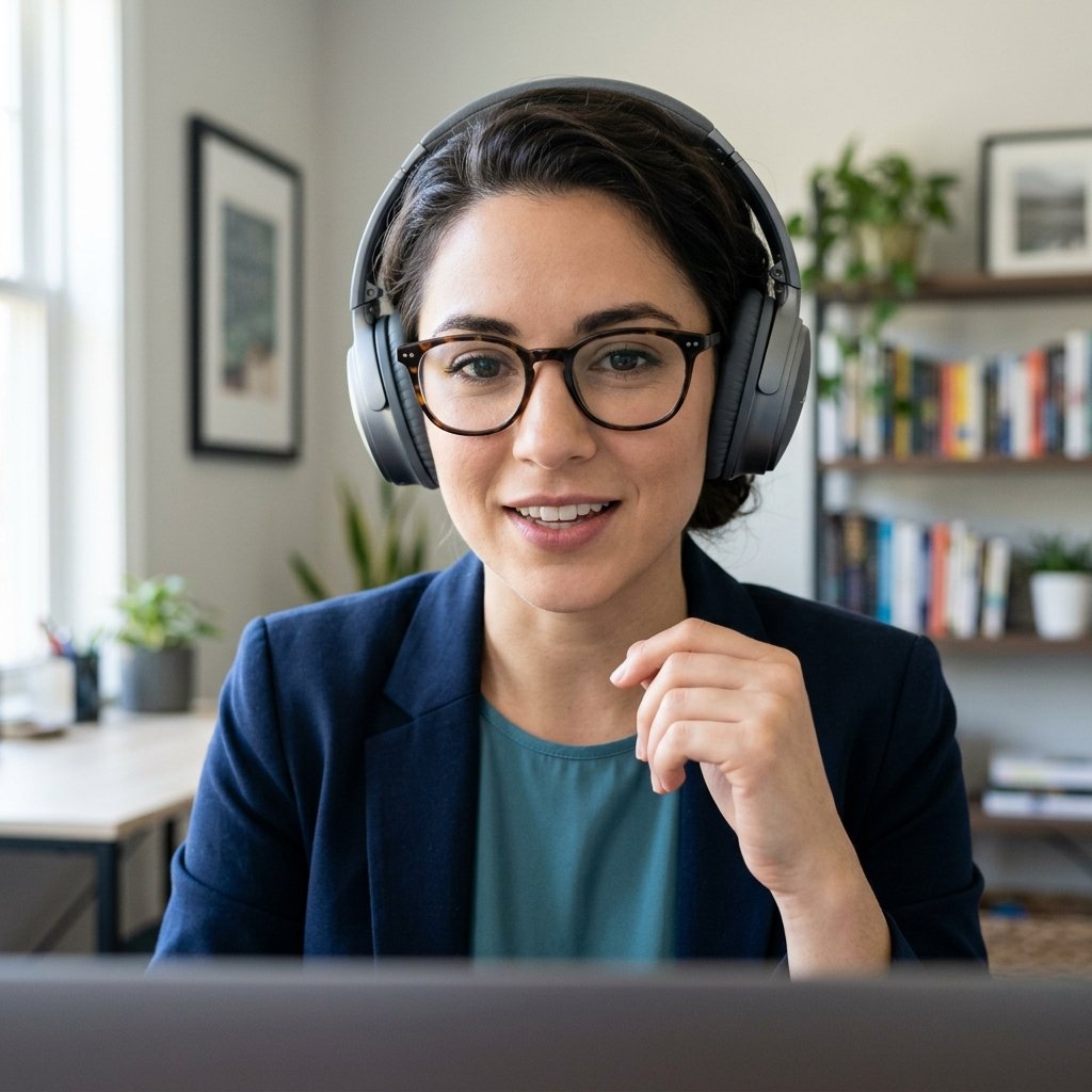 Person on a video interview wearing headphones and glasses with hair off the face
