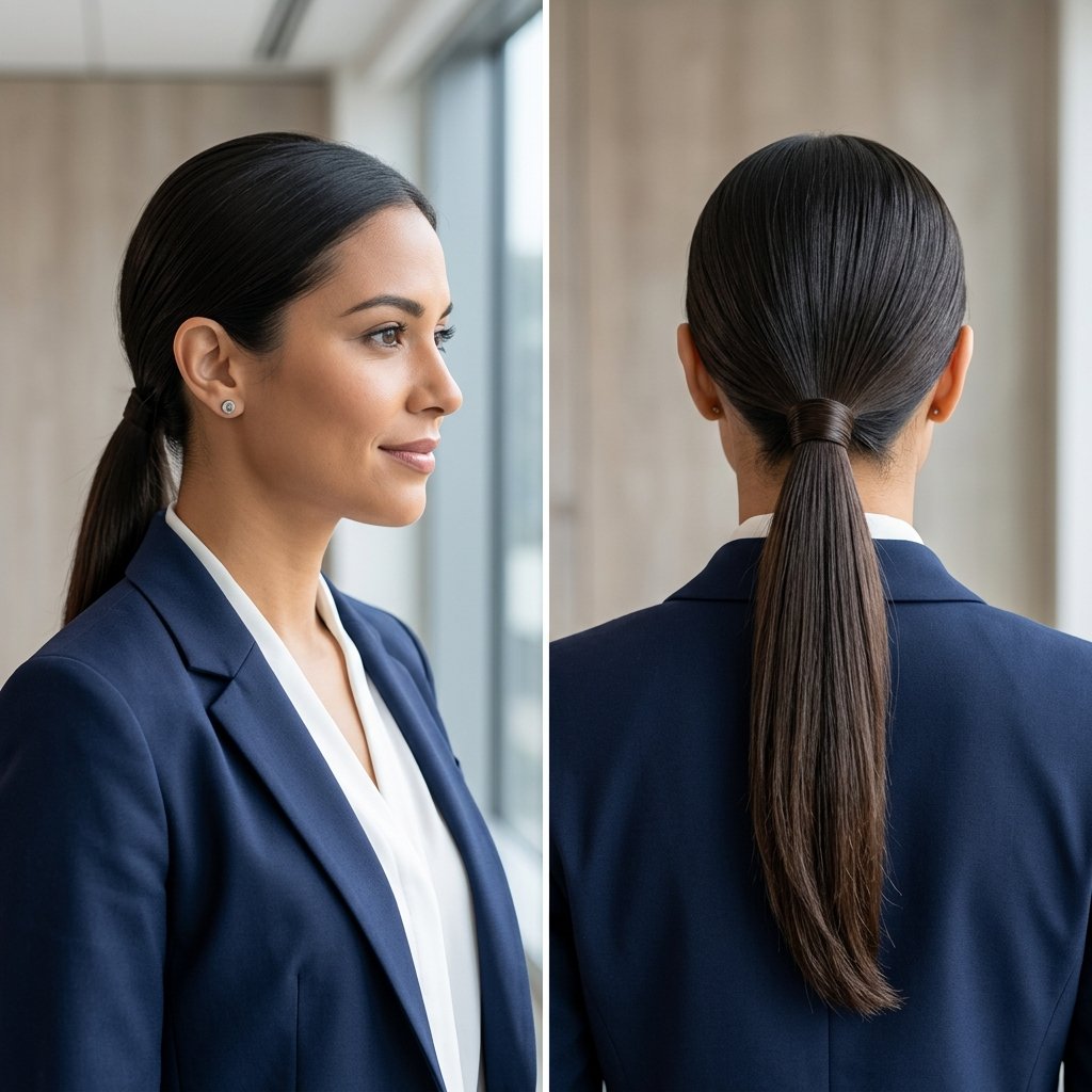 Sleek low ponytail seen from the side and back
