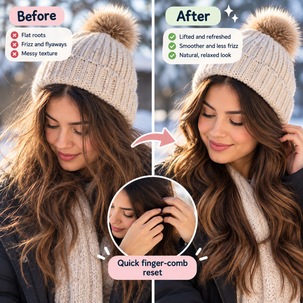 Hair under a beanie and after a quick finger-comb reset | filename: winter-hat-hair-reset-before-after.jpg | alt: Hair under a beanie and after a quick finger comb reset