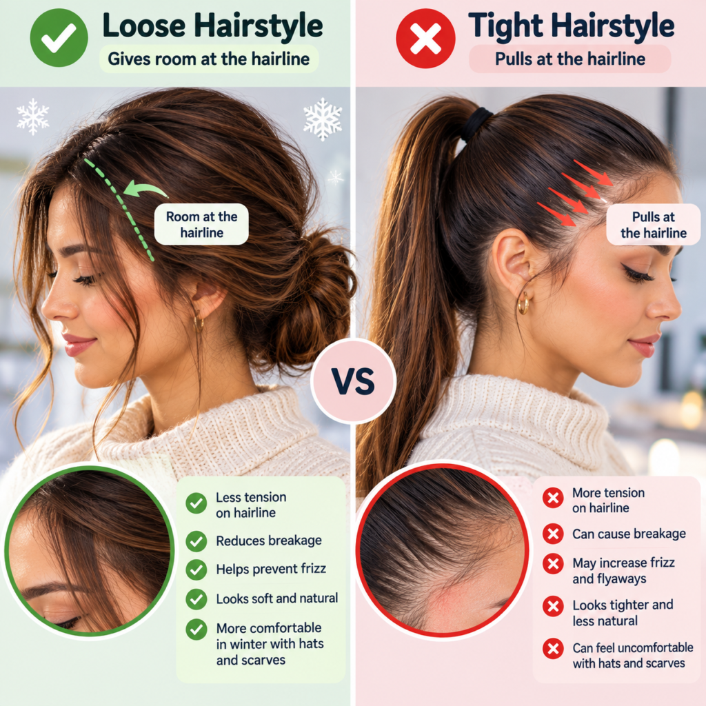 Diagram comparing a loose winter hairstyle with a tight one that pulls at the hairline